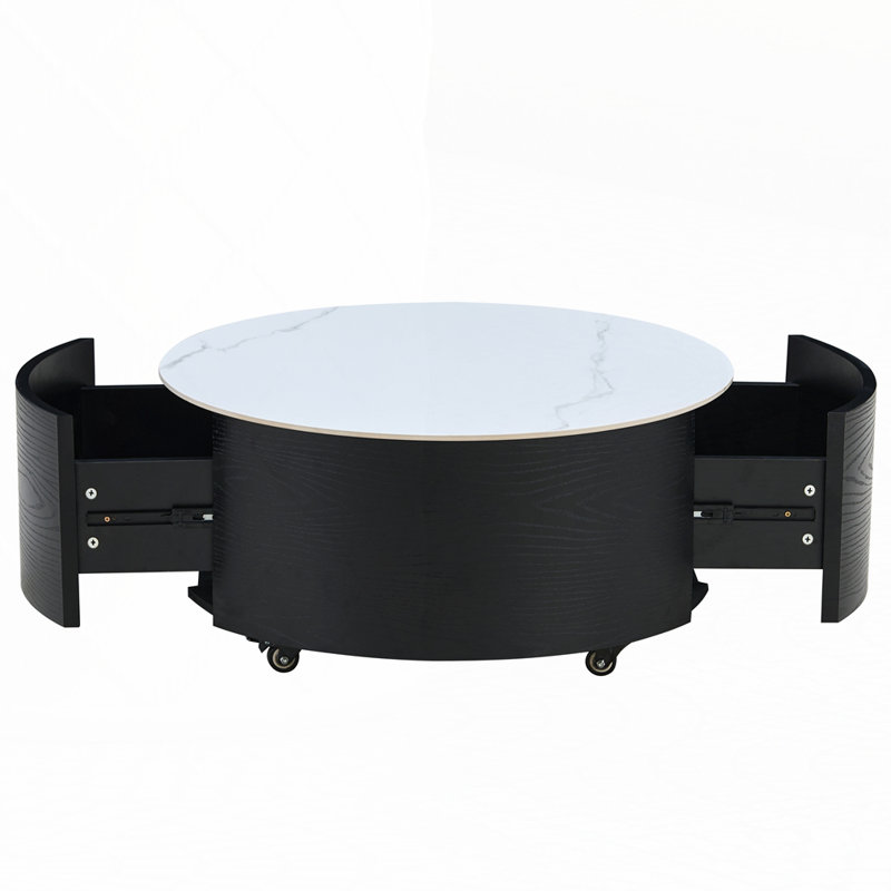 Table basse ronde moderne avec 2 tiroirs, Noir