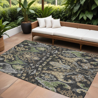Tapis extérieur lavable floral 10 pi x 14 pi noir, vert et brun