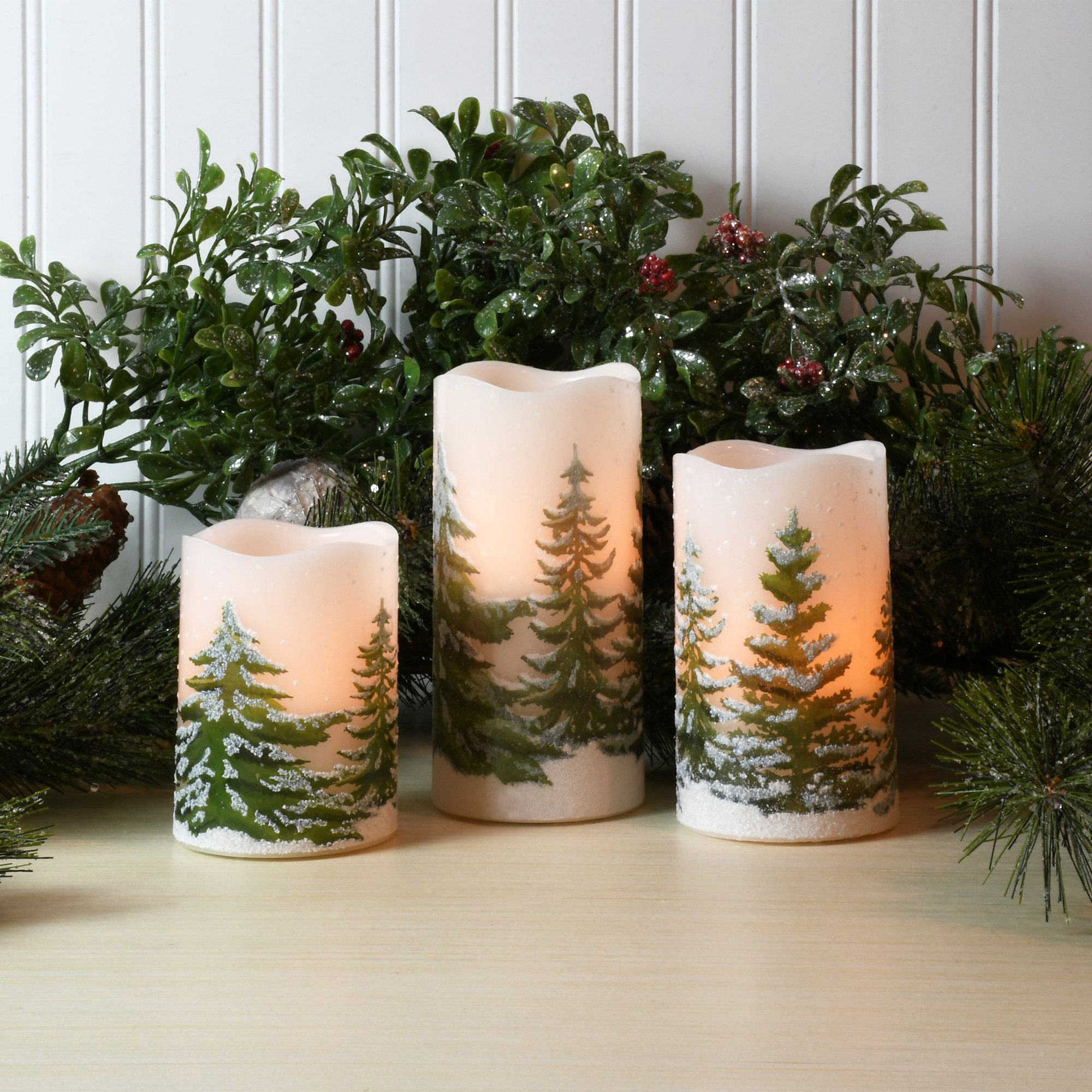 The Holiday Aisle® Battery Operated Green Pines LED Wax Candles & Reviews | Wayfair