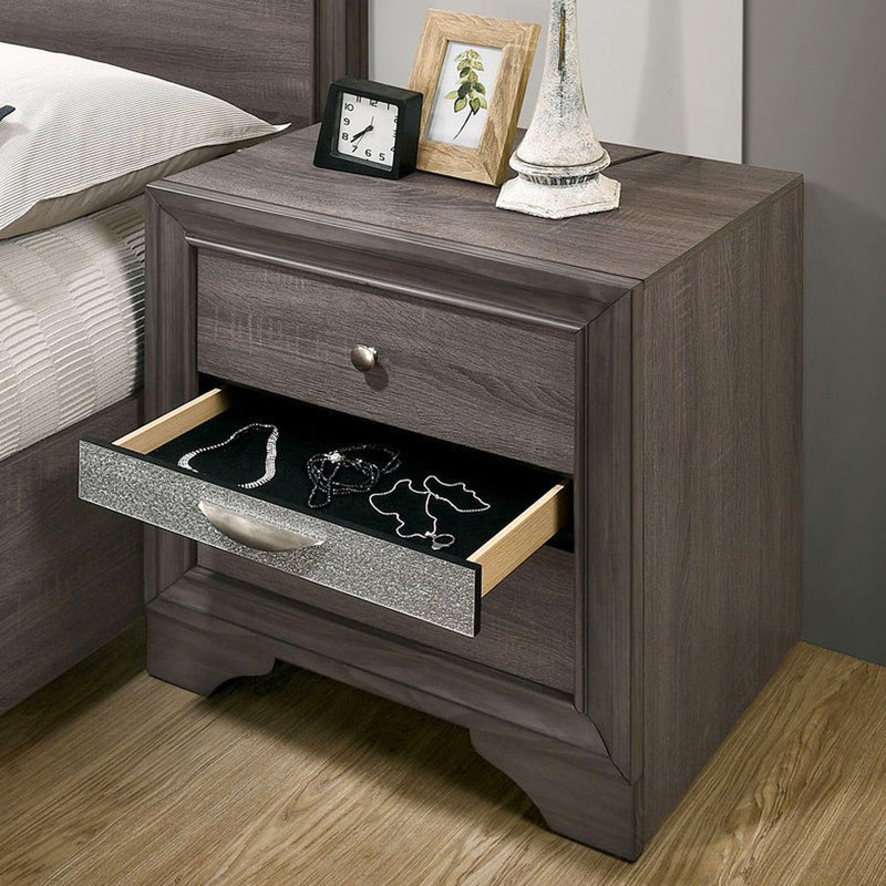 Table de chevet contemporaine grise avec compartiment caché et poignée de tiroir moderne, Gris