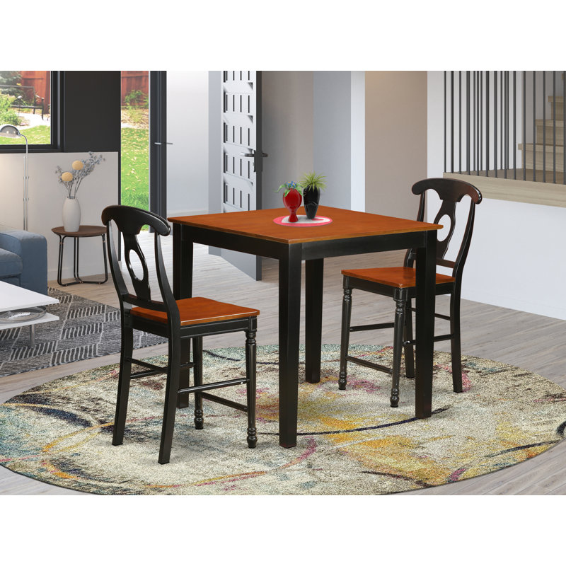 Ensemble de salle à manger à hauteur de comptoir 3 pièces pour petits espaces comprenant une table de salle à manger carrée et 2 chaises en bois, 36 po x 36 po, noir et cerise