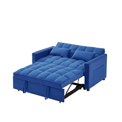 54" Dark Blue Velvet Convertible Sleeper Sofa, Modern 2-Seater Loveseat with Pull-Out Bed Function
