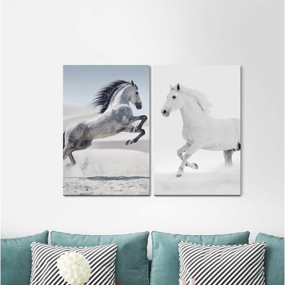 2-tlg. Leinwandbilder-Set - Fotografie „Horses Powerful Wild Mustang White White Cavalier Start”