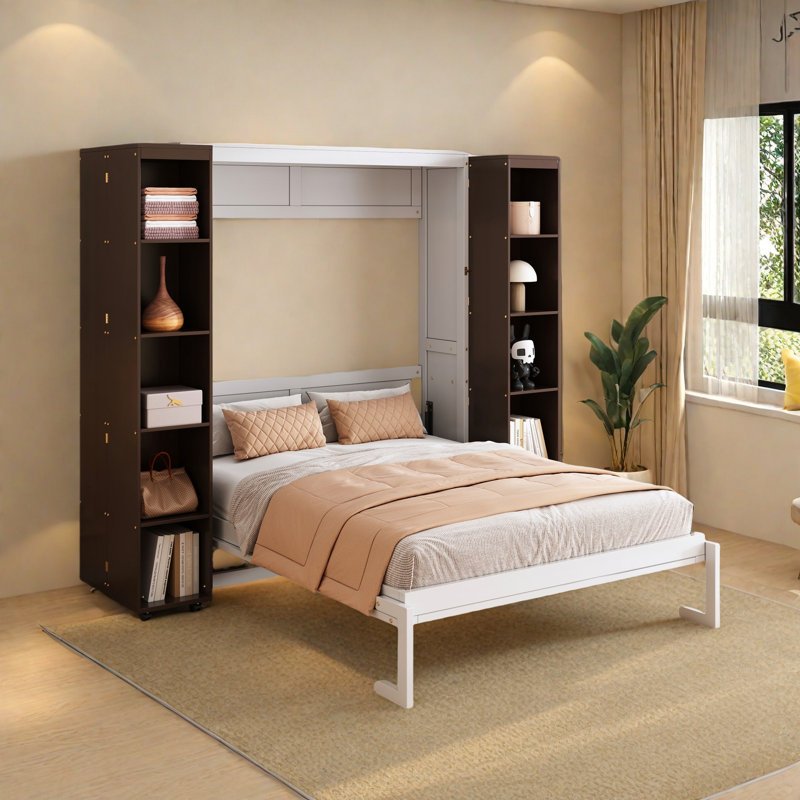Murphy Bed With Foldable Bookcase, White/Espresso