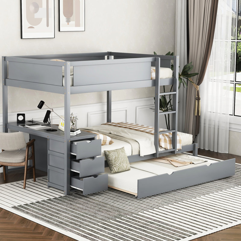 Lit superposé avec lit gigogne simple, rangement pour bureau et bureau élégant gris