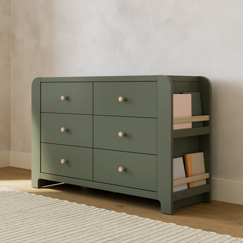 Commode 6 tiroirs avec bibliothèque Read-With-Me, Olive / bois flottant