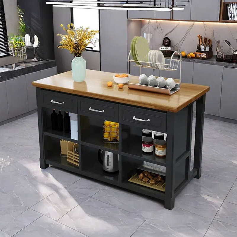 62.99" Solid Wood Kitchen Island, Black