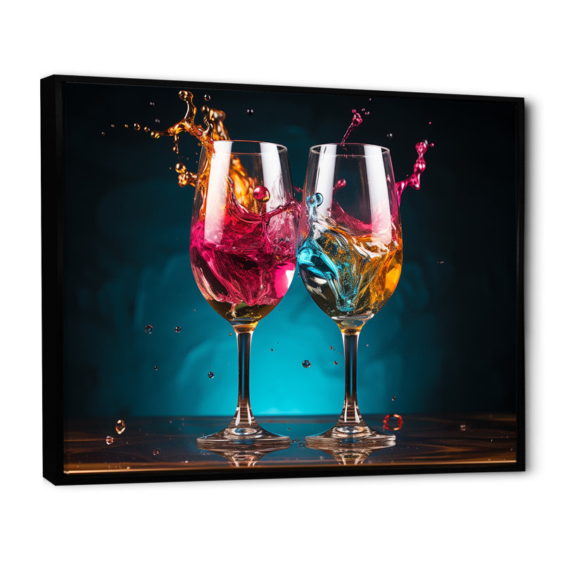 «Whimsical Cheers - Wine», art mural champagne, H 12 po x l 20 po x P 1 po, Cadre flottant noir