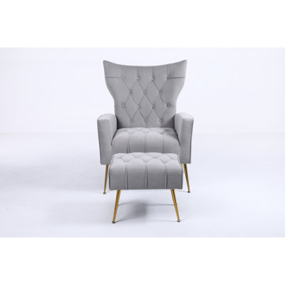 Gray Accent Chair With , Soft Velvet Upholstery, Gold - Tone Metal For Living Areas Upholstered Cushions And Linen Material, Modern Design Relaxation