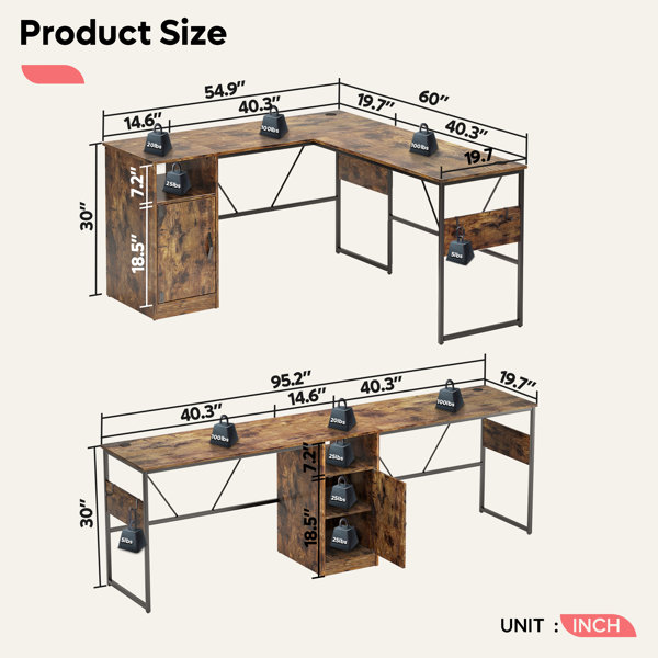 Fulcher L Shaped Desk with File Cabinet Reversible Study Desk 60'' Corner Desk or Long Desk 2 Person Zipcode Design Color (Top/Frame): Gray Wash/Blac