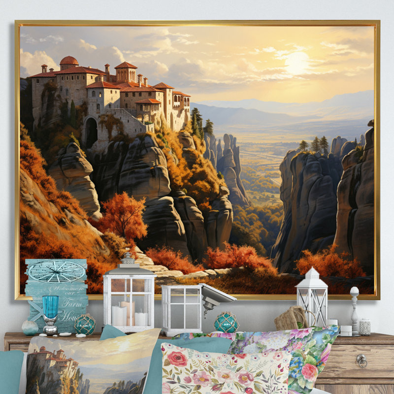 Greece Meteora Enigma I - Landscapes Canvas Art Print, H 12 po x l 20 po x P 1 po, Cadre flottant doré
