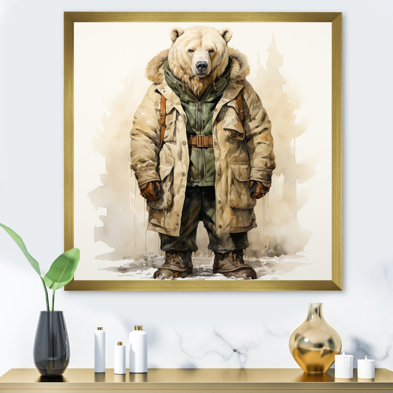 Ours dans une parka - art mural 2, Cadre doré simple, H 16 po x l 16 po x P 1 po