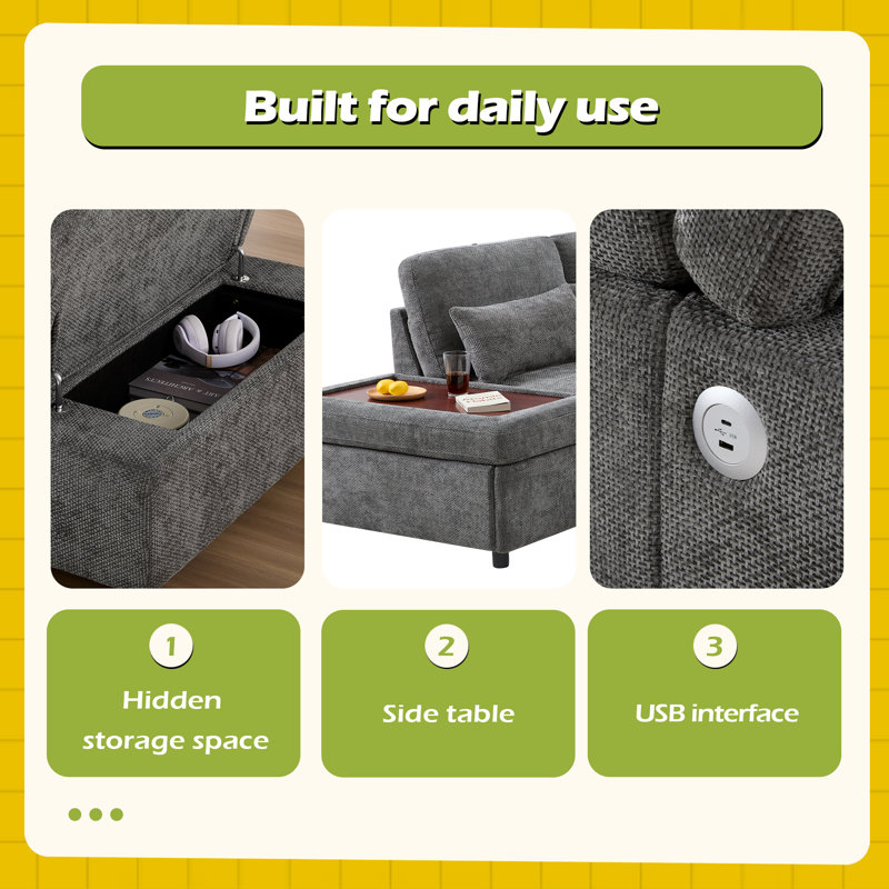 107'' Sectional Sleeper Sofa Bed With Pull Out Couch, L-Shaped With Adjustable Armrest, Usbtype-C Charging, Gray