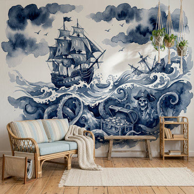 Papier peint bateau pirate Stormy Sea Kraken Octopus