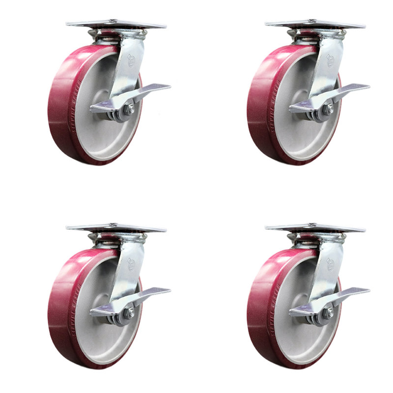 Ensemble de roulettes en poly sur aluminium avec roulements à billes et freins / verrous pivotants