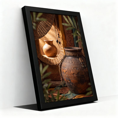 Carved Pottery Vase with Wicker Mirror and Beads Canvas Wall Art