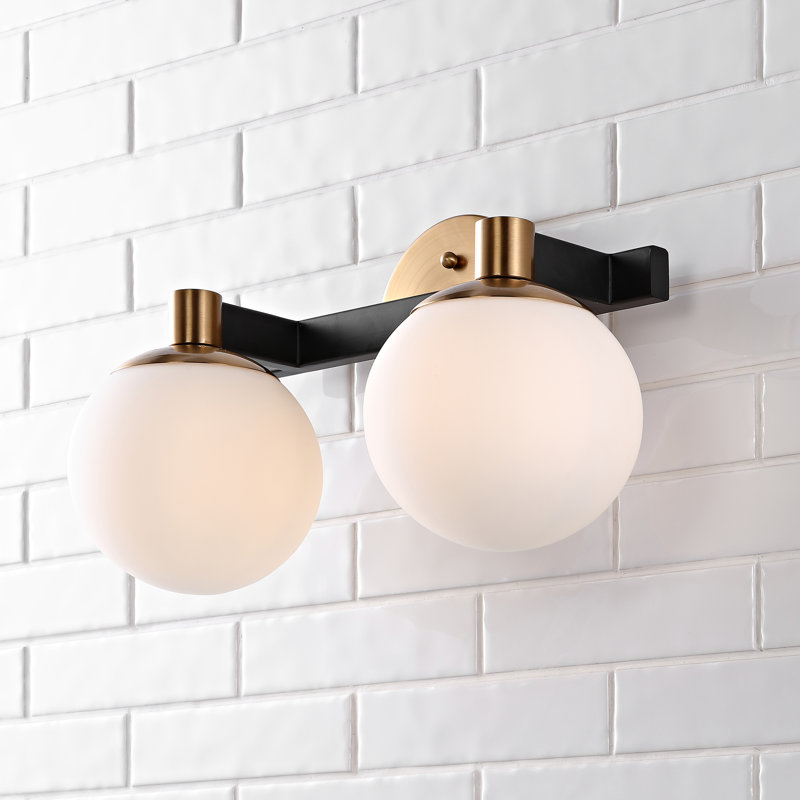  Songer Metal/Frosted Glass Modern Contemporary LED Vanity, 2 Lights, Gold/Matte Black