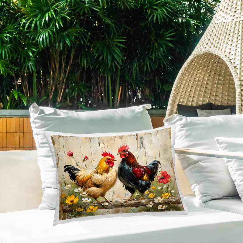 Conception de coussin d'extérieur à motif floral coqs Country Chic par LSR Creative Studio