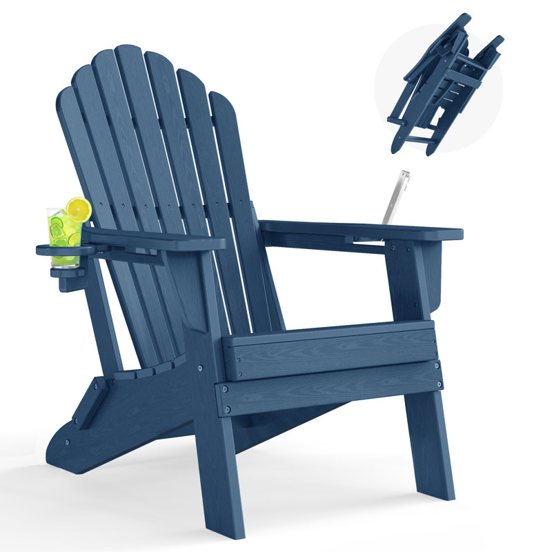Folding HDPE Adirondack Chair with Dual Cup Holders – All-Weather Outdoor Patio Chair, Navy