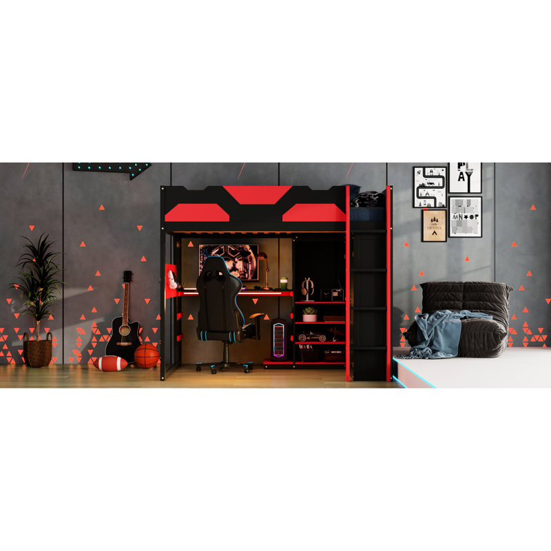 Lit mezzanine double rouge avec bureau de jeu, bande, charge et espace de rangement compact pour une petite chambre à coucher