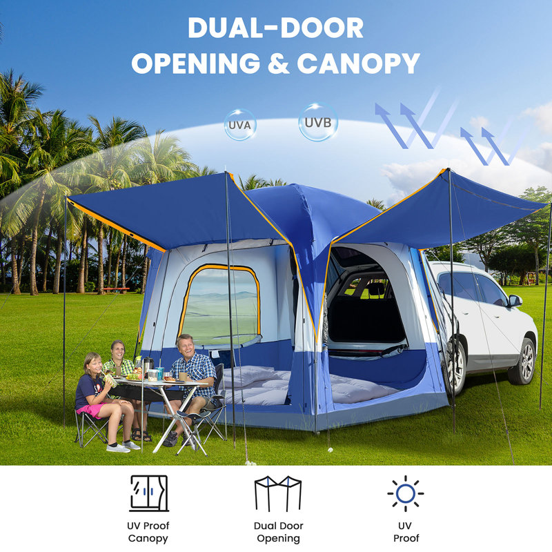 Suv Tent For Camping,6-Person Car Camping Tent, Easy Set Up Tent With Porch And Storage Bag, White/Blue