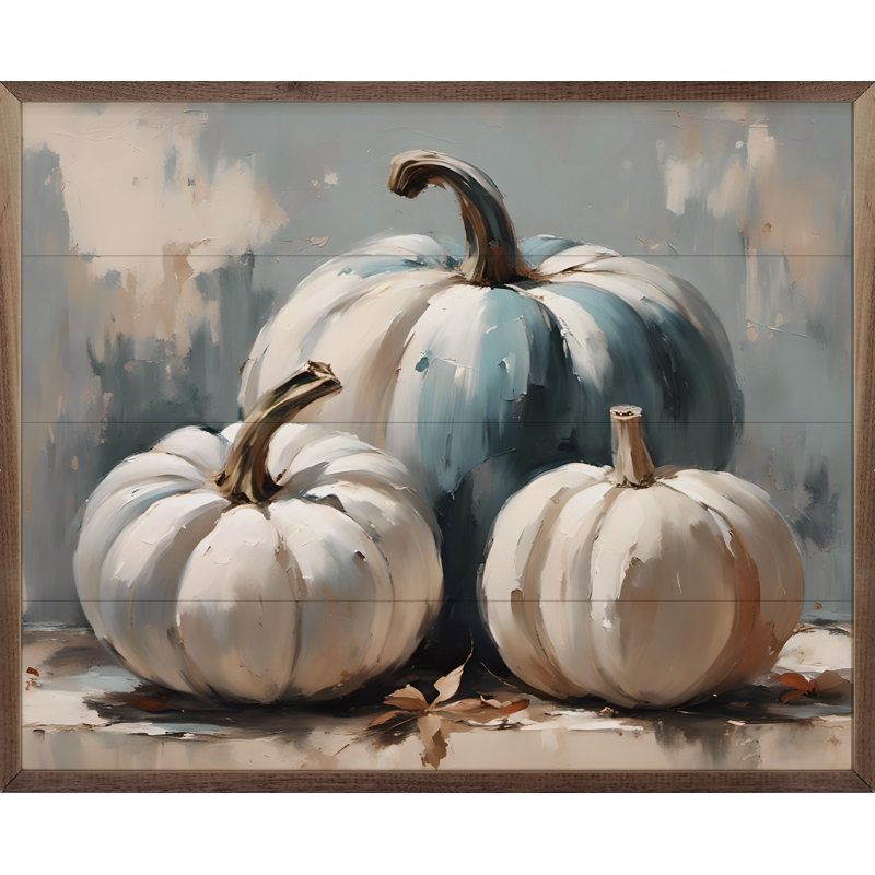 "Trois citrouilles bleues et blanches" sur bois, H 16 po x l 20 po
