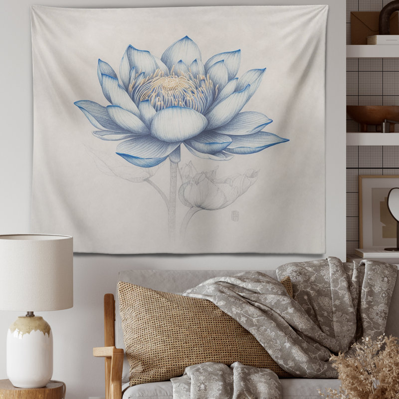 Tapisserie en polyester Lotus II bleu rétro, H 50 po x l 60 po
