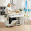 Îlot de cuisine portable blanc avec table de salle à manger extensible, îlot de rangement multifonctionnel de 81,8 pouces, comprenant une poubelle, une prise de courant, un support à épices et un porte-serviettes.-2097651513