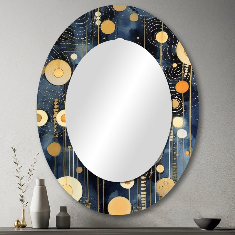 Pastel Abstract With Blue Black & Gold Spots XV - Modern Oval Wall Mirror, 43" x 33"