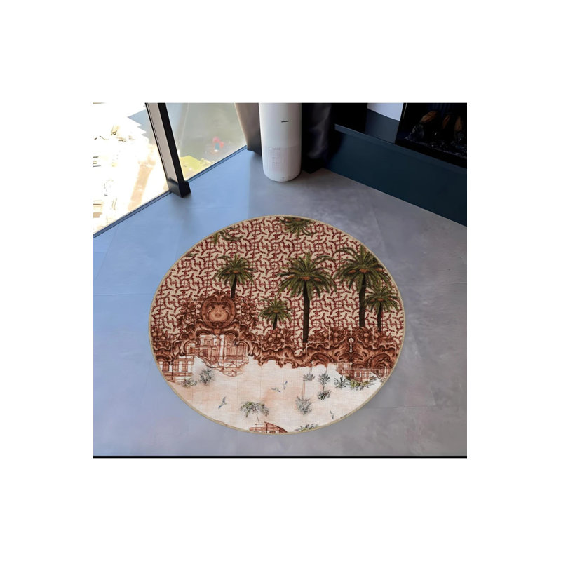 Tapestry Design Round Palm Detailed Decorative Carpet, Round 3'4"