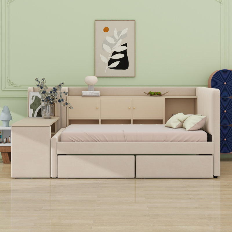 Lit de jour rembourré avec tiroirs, tablettes, armoires rabattables et table d'appoint, Beige