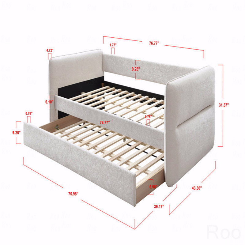 1Pc Modern Daybed Pull Out Trundle Button Tufted Nailhead Trim Bedroom Living Room Furniture, Oatmeal, Super Single