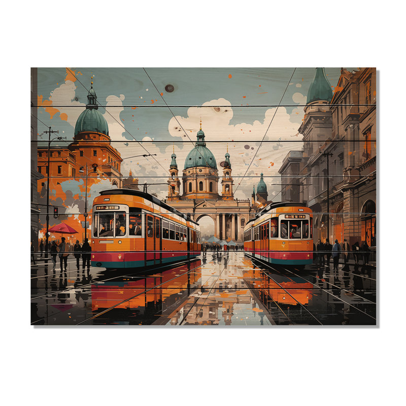 City City Train Popart I - Paysages, décoration murale en bois sur bois de pin naturel, H 24 po x l 32 po