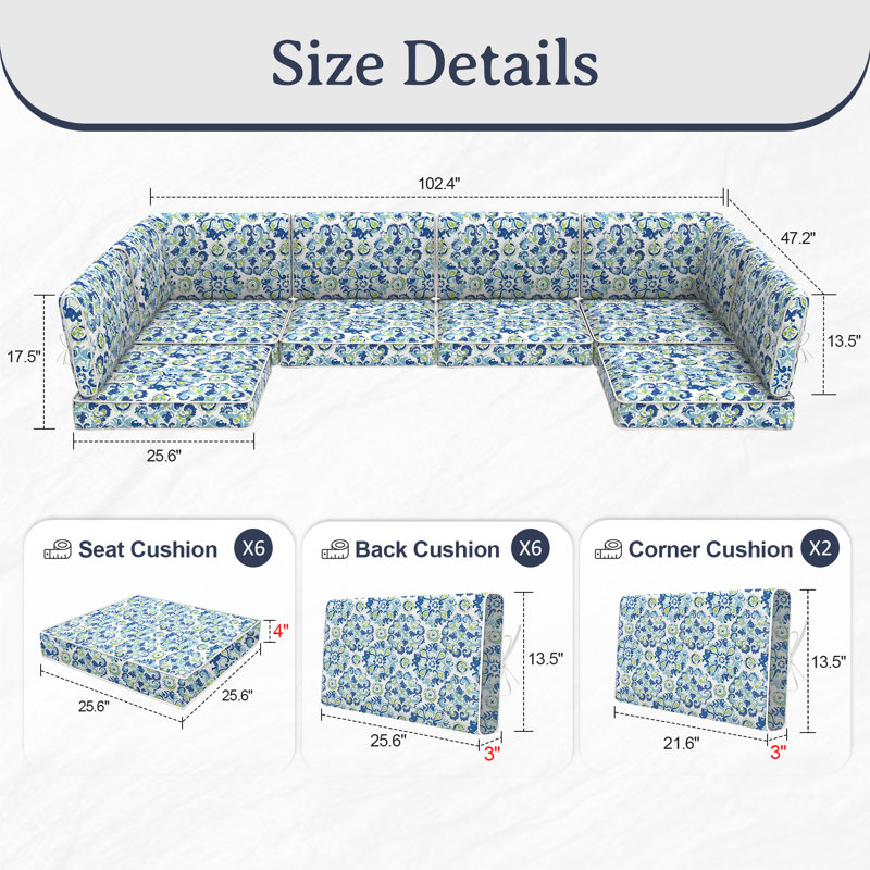 14-Piece Outdoor Cushions For Patio Furniture, Fade Resistant Outdoor Replacement Cushions For Rattaner,Wicker Furniture,Sectional, 6 Cushions And 8 Back Pillows,A16512