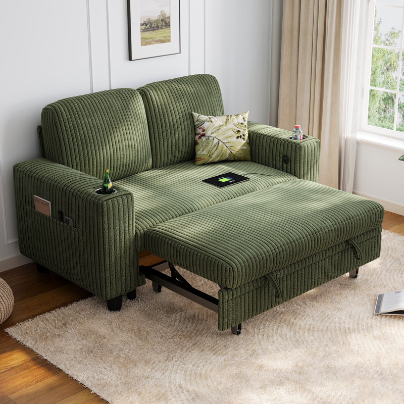  Sherry 56" Upholstered Pull-out Sofa Bed Loveseat with USB Charging & Cup Holders, 34'' H X 56'' W X 32'' D