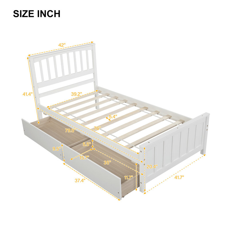  Grand lit plateforme avec deux tiroirs de rangement - structure en bois de pin massif, peu encombrant, mobilier de chambre moderne, 