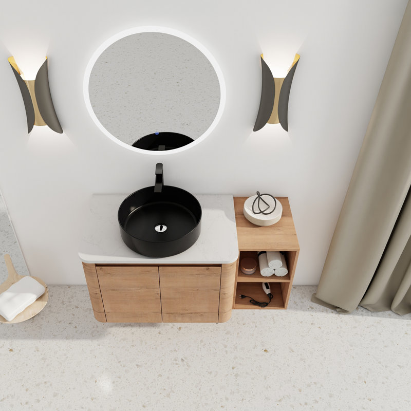 Meuble-lavabo mural contemporain avec lavabo d'art en céramique, 41", Noir