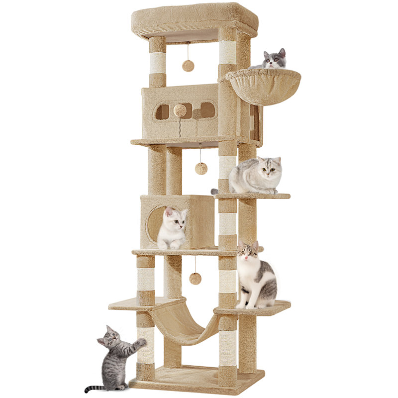 Cat Tree for Indoor Cats, Large Tall Cat Tower, Multi-Level Cats House with Condo, 8 Scratching Posts, Hammock, 4 Pom Poms