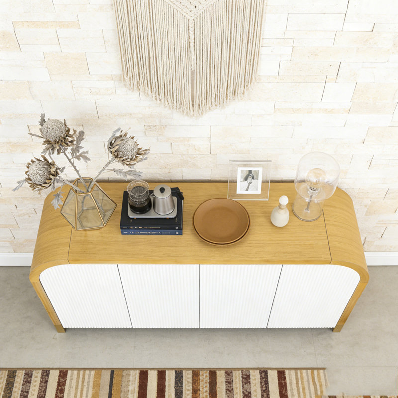 4-door Curved Corner Design Wavy Door Panel Cabinet with Adjustable Shelves, Blanc