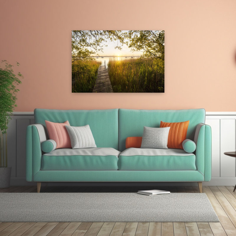 Impression sur toile, "Golden Jetty Abstract Contemporary Forest Landscape", H 32 po x l 48 po