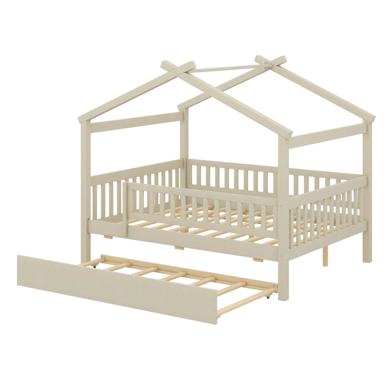 Lit double spacieux en bois avec lit gigogne intégré, Natural
