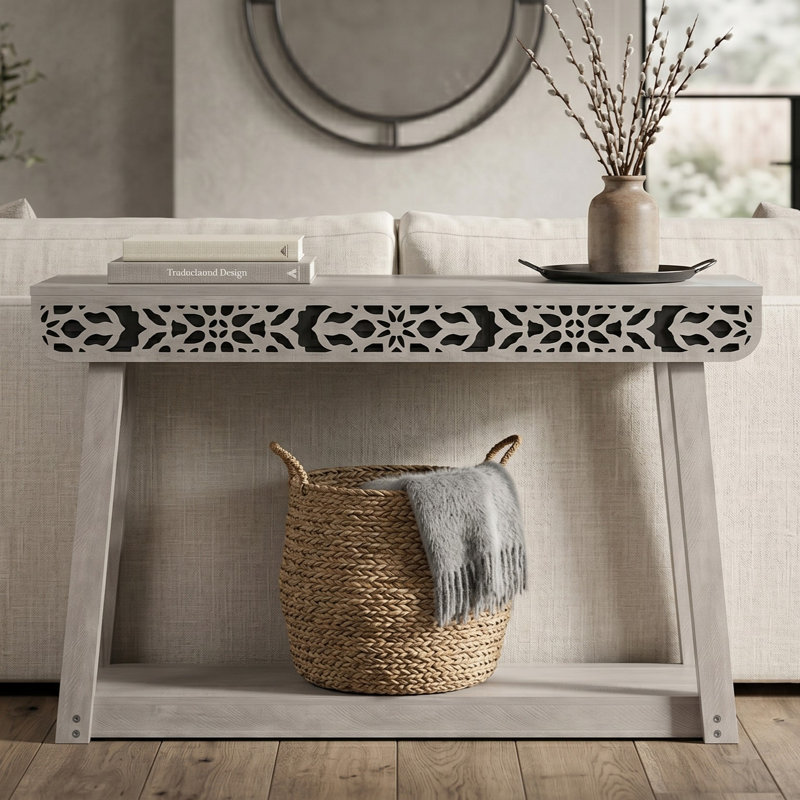 Chul 43.3" Traditional Console Table With Curved Edge Top, Dusty Gray Oak