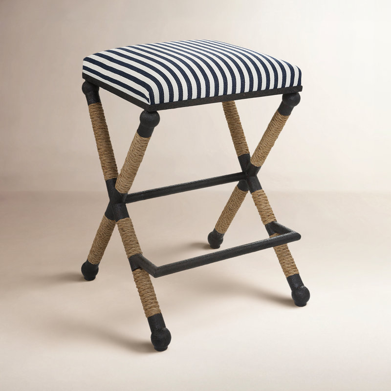 Faline Upholstered Counter Stool with Iron Frame, Blue/White striped