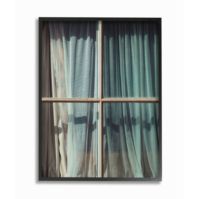«Old Window Curtain Blue Cyan» par Design Fabrikken - reproduction de photo, H 14 po x l 11 po, Giclée encadrée noir minuit