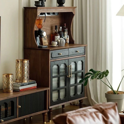 Nut-brown+Black Solid Wood+Glass Sideboard