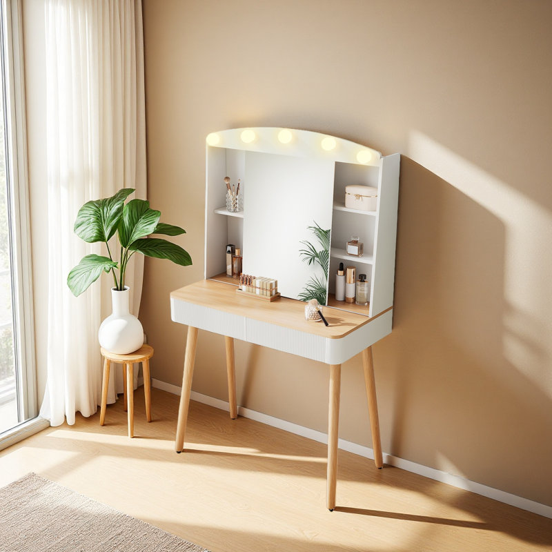 Petit bureau de meuble-lavabo avec miroir et lumières, grande capacité de rangement et miroir coulissant, ensemble de coiffeuse avec deux tiroirs cannelés, coiffeuse 3 couleurs d'éclairage