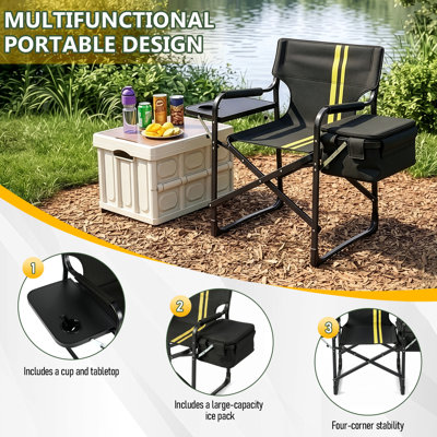 Folding Camping Director Chair with Side Table & Storage Cooler Bag, Black with Double Yellow Stripes, Lightweight Rust-Proof Aluminum Frame, Supports 265 lbs for Beach Picnic Fishing Backyard