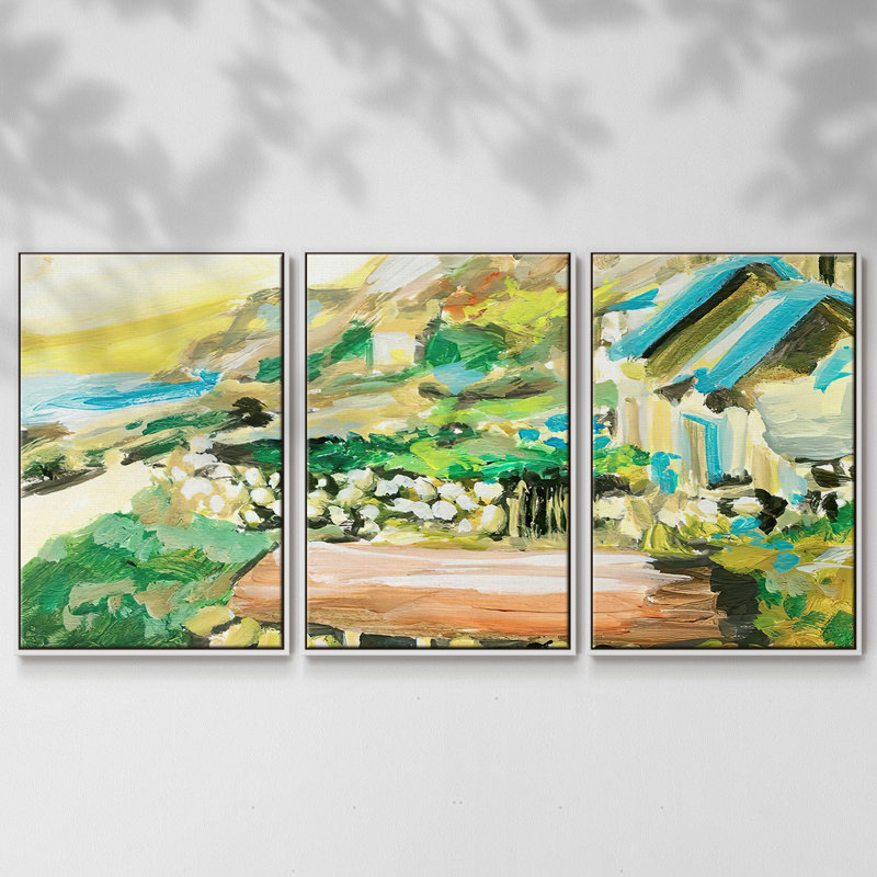 «Spring Village IV», reproduction de cadre flottant sur toile, 3 pièces, H 24 po x l 48 po x P 2 po, Blanc
