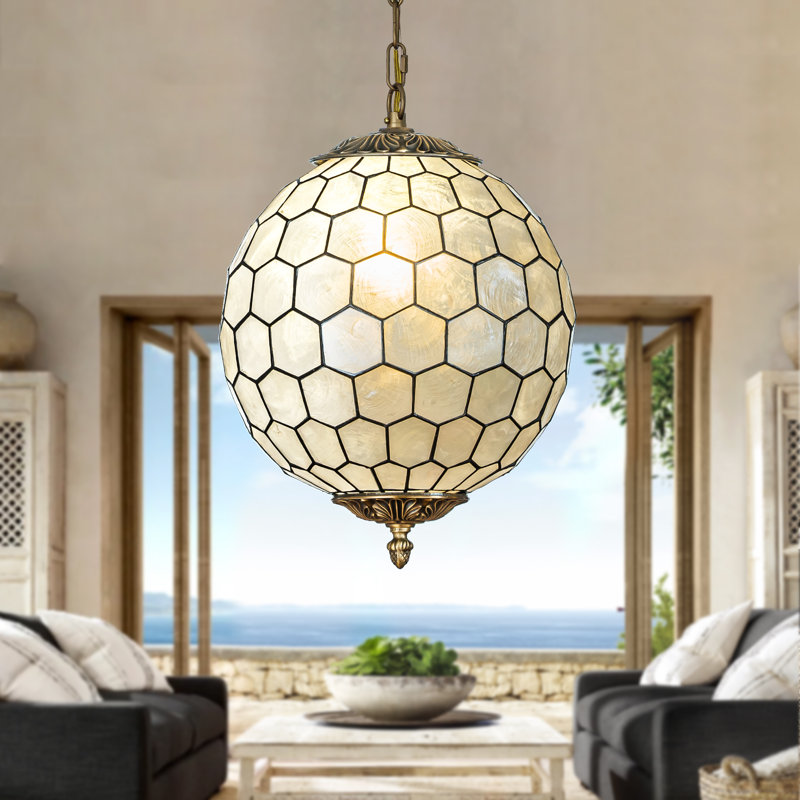 Antique Brass 12'' Globe Chandelier with Capiz Shells