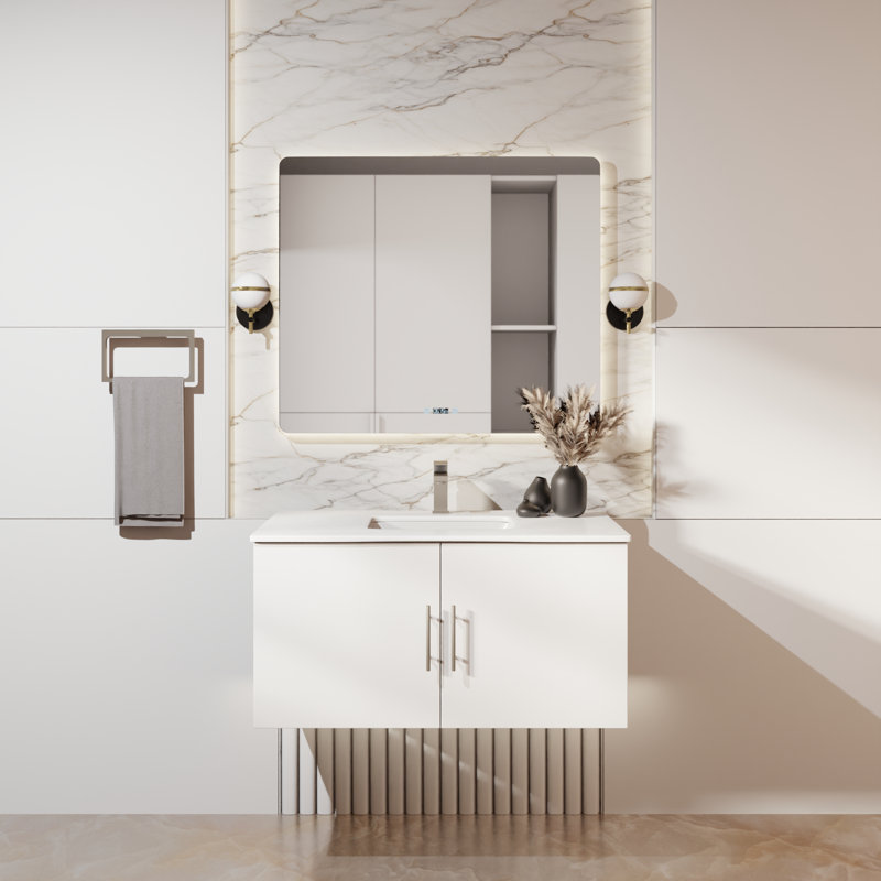 Meuble-lavabo simple 24 po avec plateau Geneva, Blanc lustré, Quartz blanc